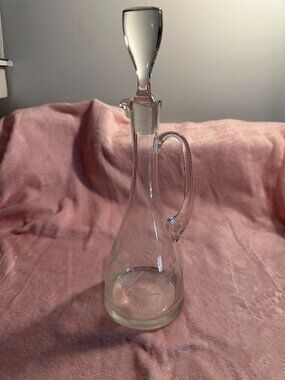 Wheel Etched Clear Glass Wine Decanter w/Stopper Handle and Pour Spout 15" Tall
